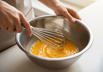 A person's hands actively mixing ingredients with a whisk in a ceramic bowl,