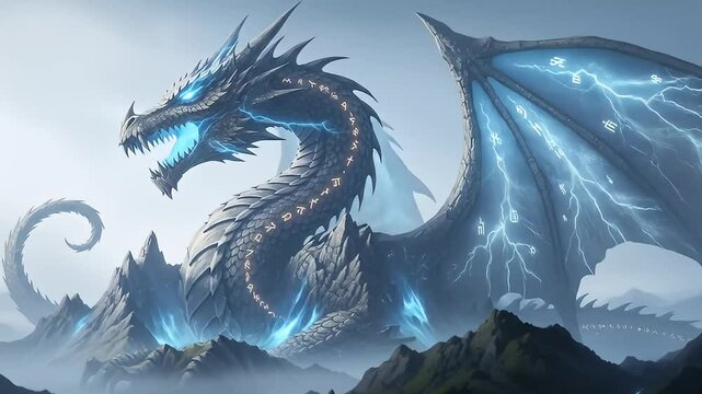 Majestic, powerful storm dragon perched atop craggy mountains, glowing with icy blue energy.