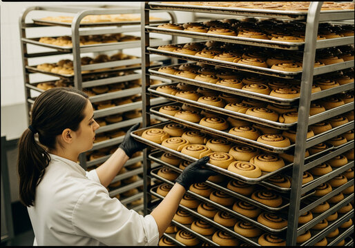 Baker carefully placing a tray of freshly baked cinnamon rolls onto a cooling rack in a professional bakery
