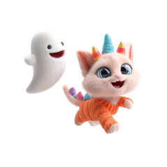 Adorable Kitten in Halloween Costume with Friendly Ghost