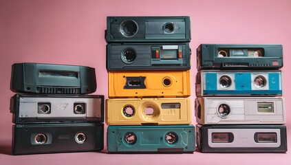 Fototapeta premium Stacked Electronic Devices On Rosy Colored Surface