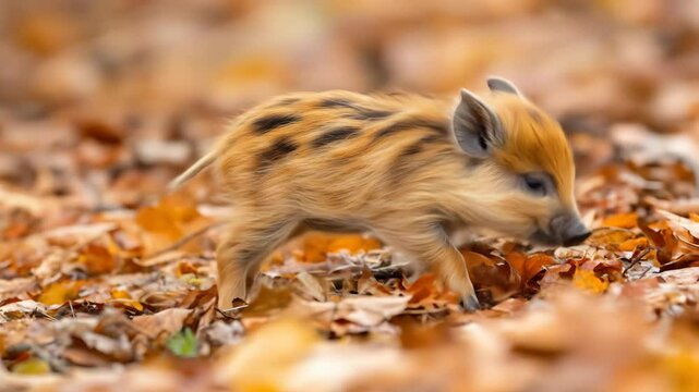 Wild boar piglet foraging in autumn leaves