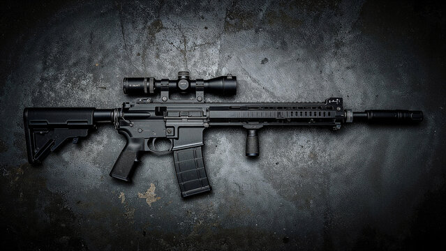 Sleek dark grey ar-15 style rifle and accessories
