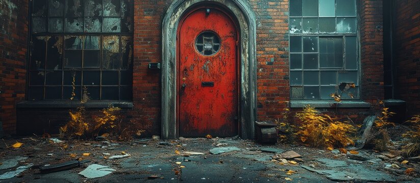 Red door of abandoned brick building.