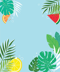 refreshing illustrated background decorated with tropical fruits and green leaves for a summer vibe