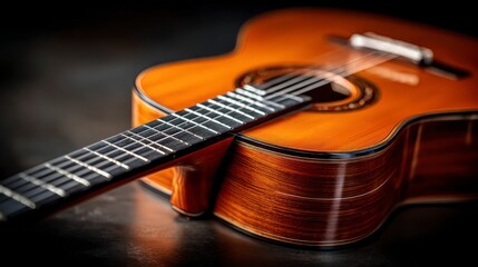 Fototapeta premium Close up view of a classical acoustic guitar with polished wood body and metal strings