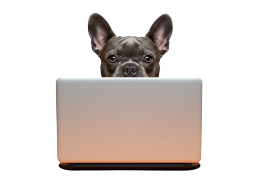 French bulldog peeking over laptop isolated on transparent background