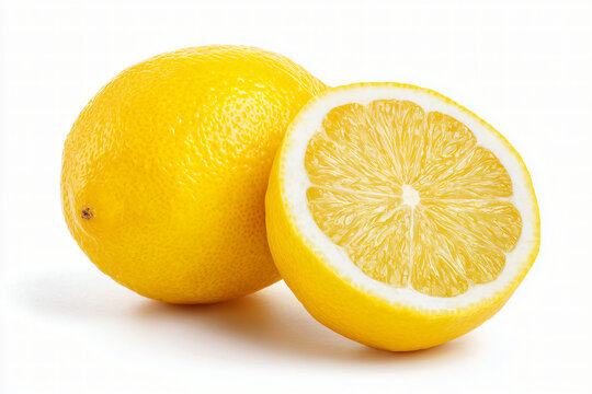 Ripe fresh yellow lemon with half cut lemon slice isolated on white background