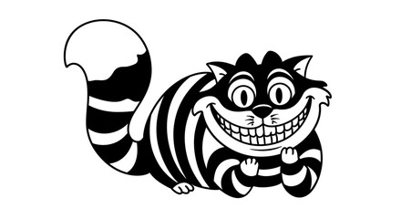 An iconic black and white cartoon drawing of the mischievous Cheshire Cat, known for its distinctive stripes and enigmatic smile.
