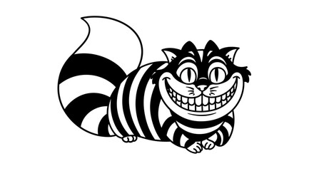 A whimsical black and white cartoon illustration of the iconic Cheshire Cat from Alice in Wonderland, featuring its signature wide, mischievous grin and striped fur.