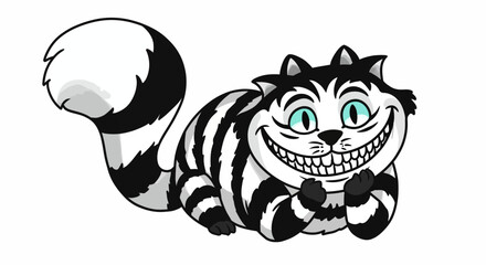 A whimsical black and white striped Cheshire Cat illustration with a wide, mischievous grin and bright turquoise eyes, embodying fantasy and mystery.