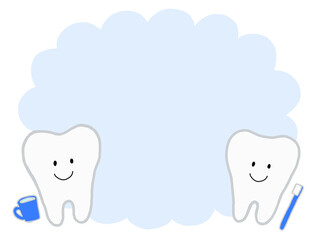 歯ブラシ＆コップを持つ歯のキャラクターとふわふわ水色のやさしい見出し枠