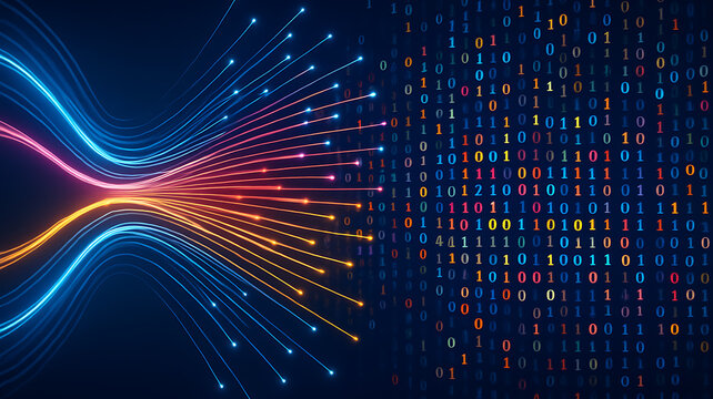 vibrant glowing lines transforming into binary code illustrating digital data stream communication in high-tech ai system with coded interface