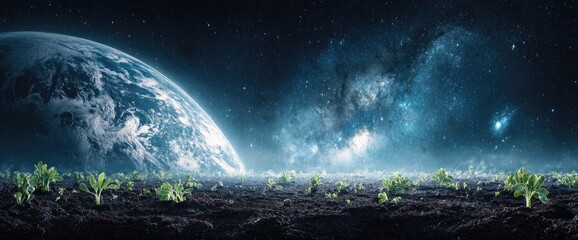Fototapeta premium Alien planet, young plants, Earth, starry sky
