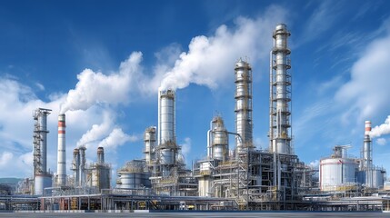 Industrial Refinery with Tall Chimneys Under Clear Sky