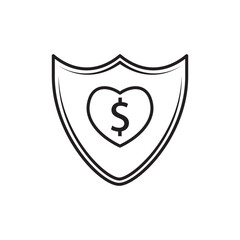 Minimal line icon of a shield with a heart and dollar symbol. Represents financial protection, life insurance, health insurance, and security.