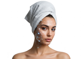 Woman with facial recognition grid and towel isolated on transparent background