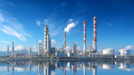 Fototapeta premium Industrial Refinery with Tall Chimneys Under Clear Sky