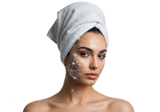 Woman with facial recognition grid and towel isolated on transparent background