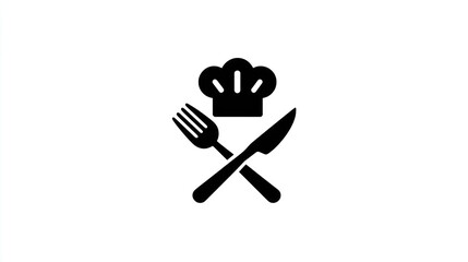 Silhouette of a chef's hat above a crossed knife and fork on a white backdrop