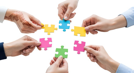 Collaborative puzzle pieces representing teamwork and cooperation for problem solving in business PNG file isolated on transparent background cut out, clipping path, social media, Advertisement, high.