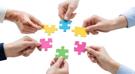 Collaborative puzzle pieces representing teamwork and cooperation for problem solving in business PNG file isolated on transparent background cut out, clipping path, social media, Advertisement, high.