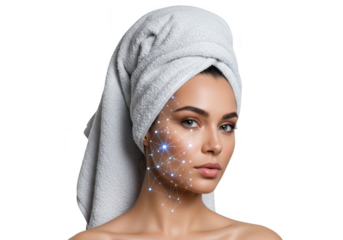 Beautiful woman with facial scan overlay isolated on transparent background