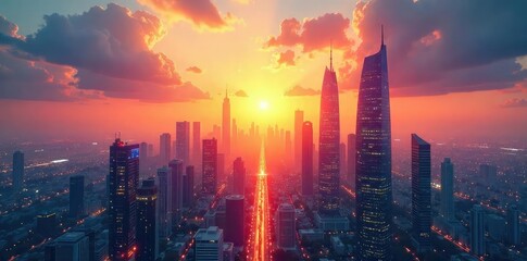 Obraz premium A vibrant sunrise over a futuristic cityscape, symbolizing innovation, progress, and limitless potential The sleek buildings reach towards a bright, hopeful sky , futuristic, aspirations, hope