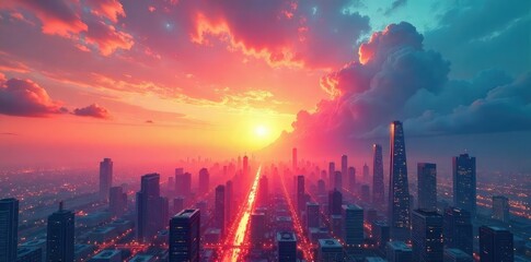 Fototapeta premium A vibrant sunrise over a futuristic cityscape, symbolizing innovation, progress, and limitless potential The sleek buildings reach towards a bright, hopeful sky , morning, ambition