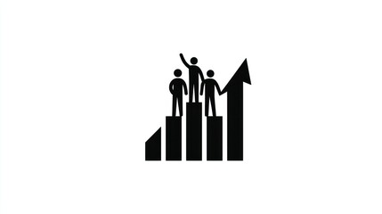 Three figures stand atop a rising graph bar, one with arm raised in victory