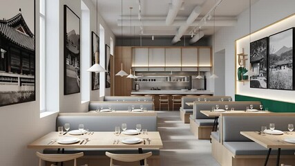 Empty Restaurant Interior with Tables and Modern Design