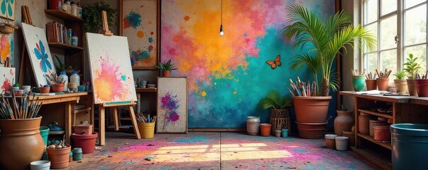 A vibrant studio scene overflowing with colorful paints, brushes, canvases, and art supplies Ready for your next creative project or art-related website , brushstrokes, canvas texture