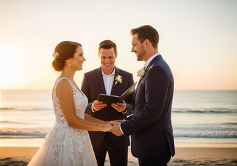 Romantic beach wedding ceremony at sunset, with the bride and groom holding hands as the officiant speaks against a backdrop of ocean waves and colorful sky