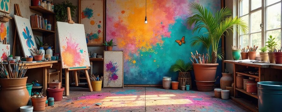 A vibrant studio scene overflowing with colorful paints, brushes, canvases, and art supplies Ready for your next creative project or art-related website , brushstrokes, canvas texture