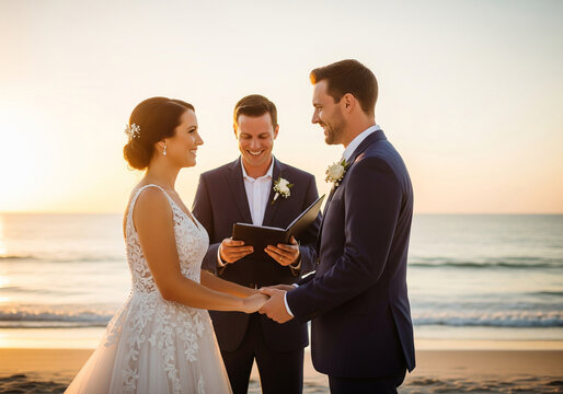 Romantic beach wedding ceremony at sunset, with the bride and groom holding hands as the officiant speaks against a backdrop of ocean waves and colorful sky