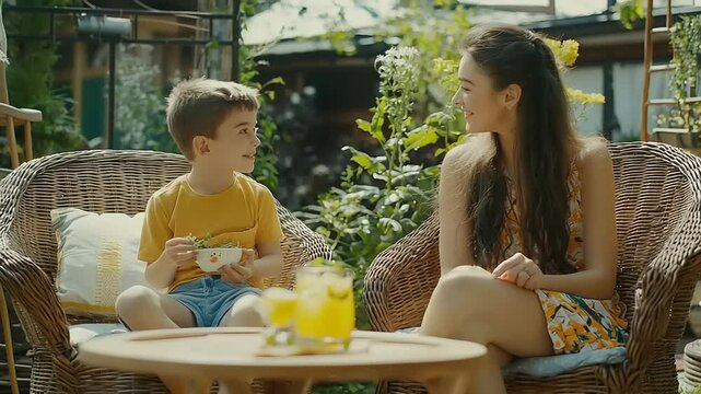 Boy and girl sitting in garden chairs