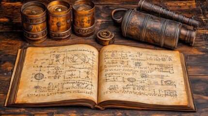 Aged book with arcane symbols and brass containers on a wooden table