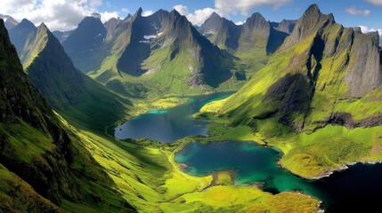 Serene Mountain Valley with Turquoise Lakes and Lush Greenery