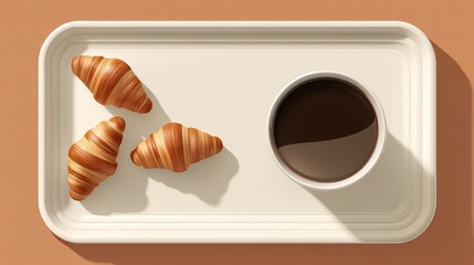 Three Pastries and Coffee on Beige Tray, Overhead View