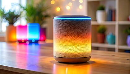 Smart speaker with warm light, on a wooden table, in a room with plants and lights