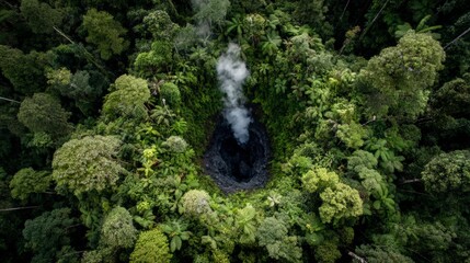 Steaming Crater in Lush Green Forest