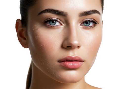 Beautiful woman with dewy skin and blue eyes isolated on transparent background