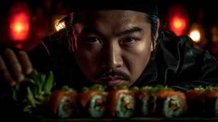 Focused Sushi Chef Close Up Portrait Under Dramatic Lighting