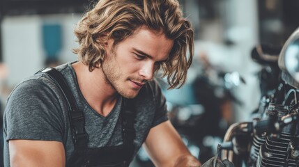 Focused Young Man Repairing Motorcycle Engine In A Workshop