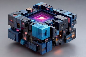 Obraz premium Intricate futuristic cube structure with glowing internal core and scattered lighting