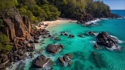 Secluded Tropical Beach Aerial View Turquoise Water Dark Rocks Lush
