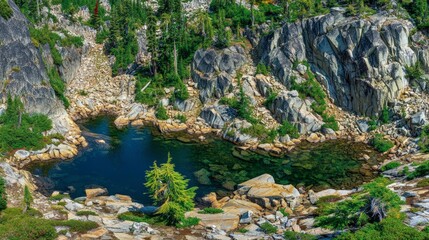 Serene Mountain Lake Among Rugged Rocks And Lush Greenery