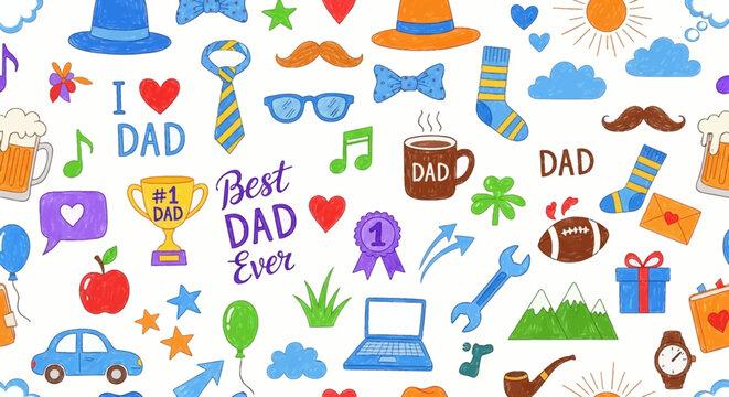 Colorful Hand-Drawn Father's Day Themed Pattern with Various Icons