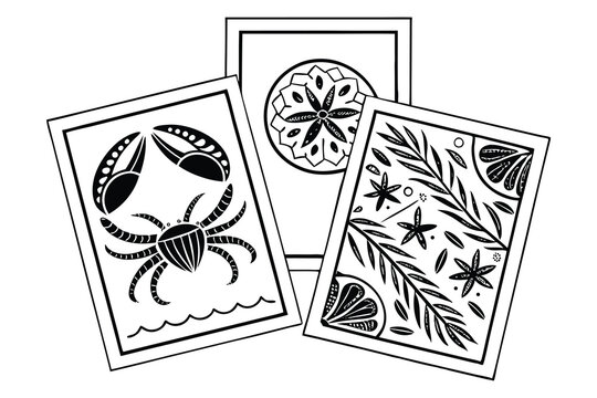 Black and white beach themed art featuring crab, floral, and decorative abstract elements