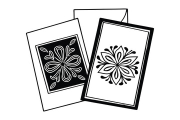 Decorative black and white greeting cards with floral designs isolated on white background